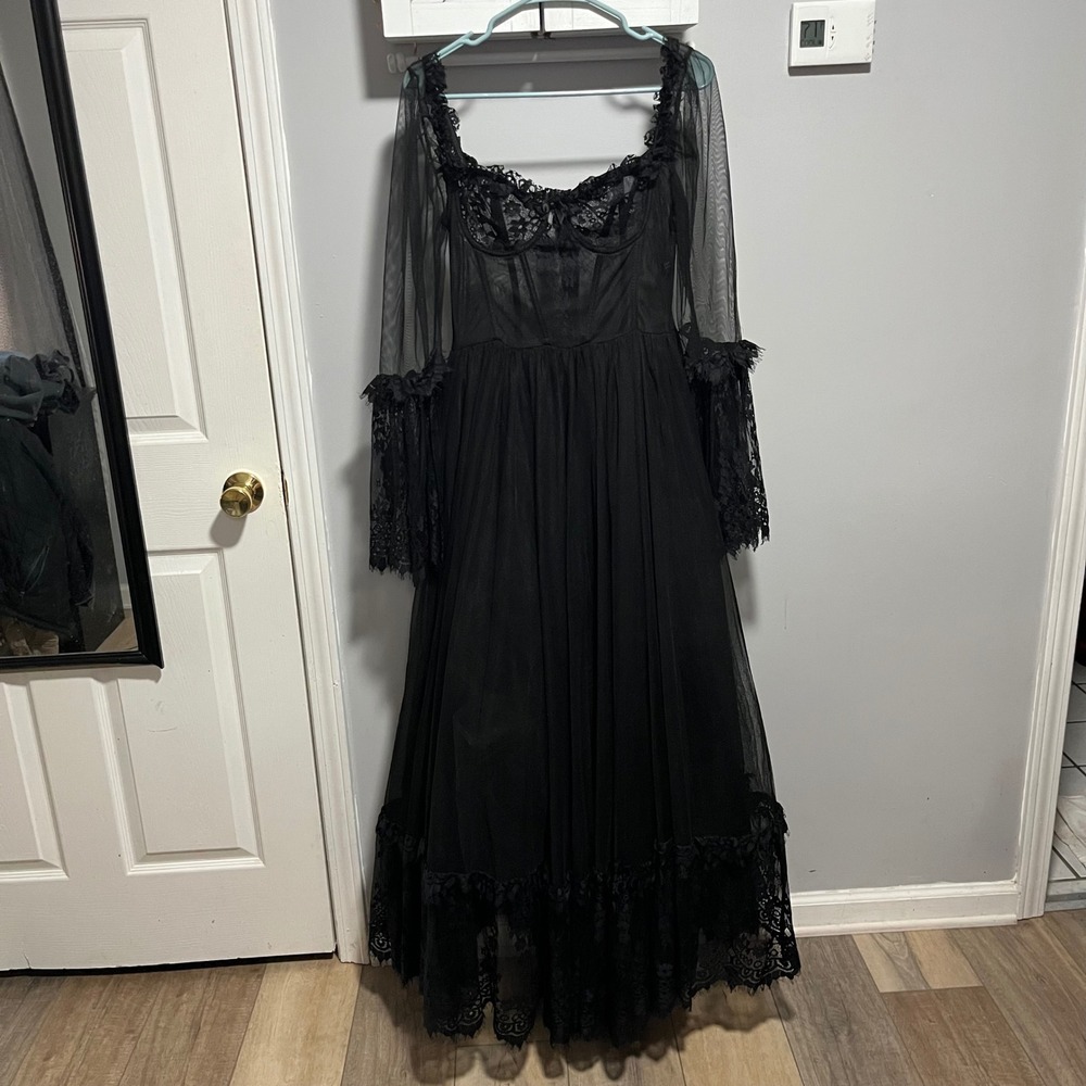 Doll Kills Widow Black Mesh Maxi Dress Size M Gothic Fairy Grunge Bell Sleeve